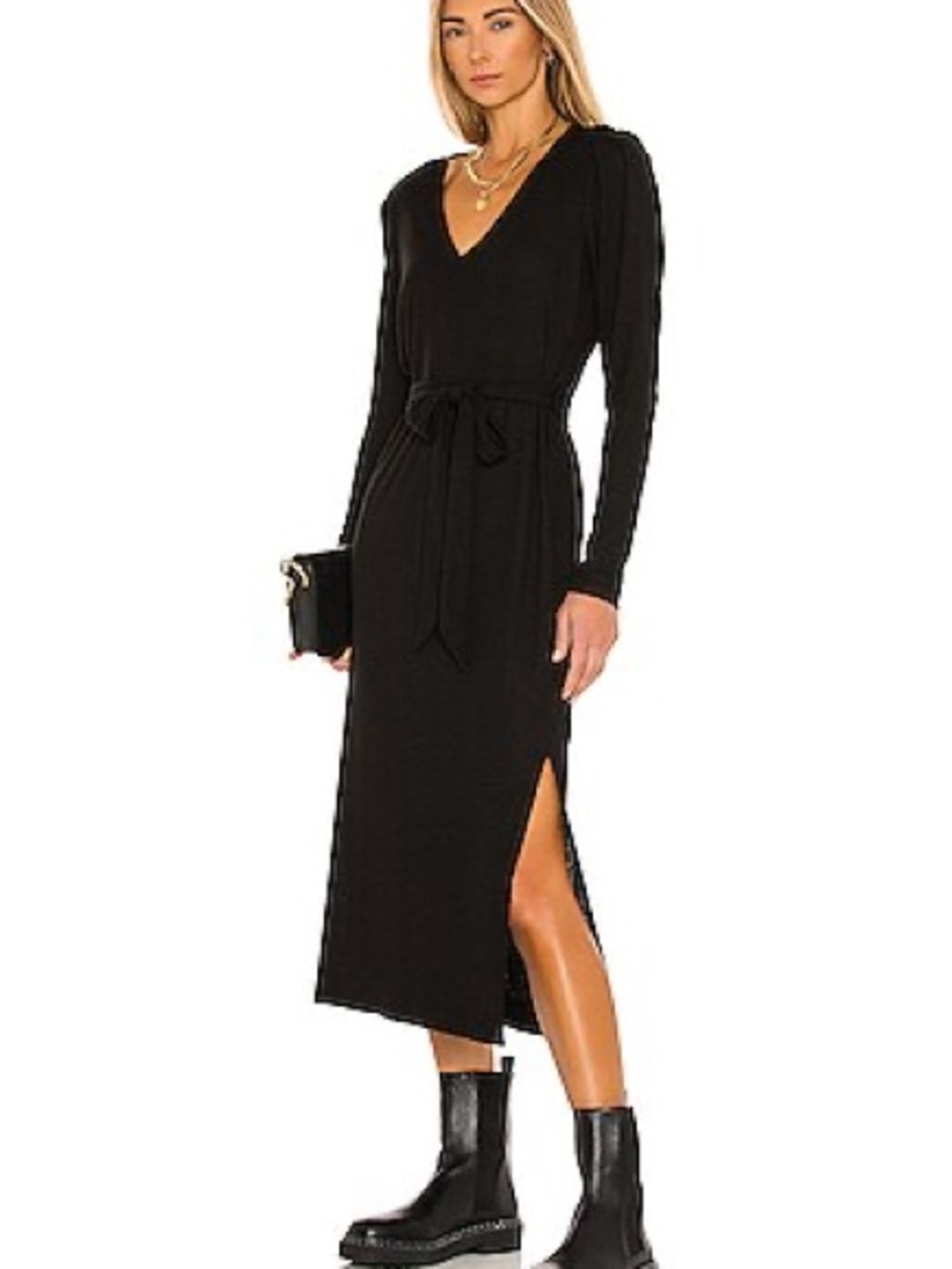 PAIGE Black V‑Neck Long Sleeve Midi Dress with Waist Tie Ribbed Size S